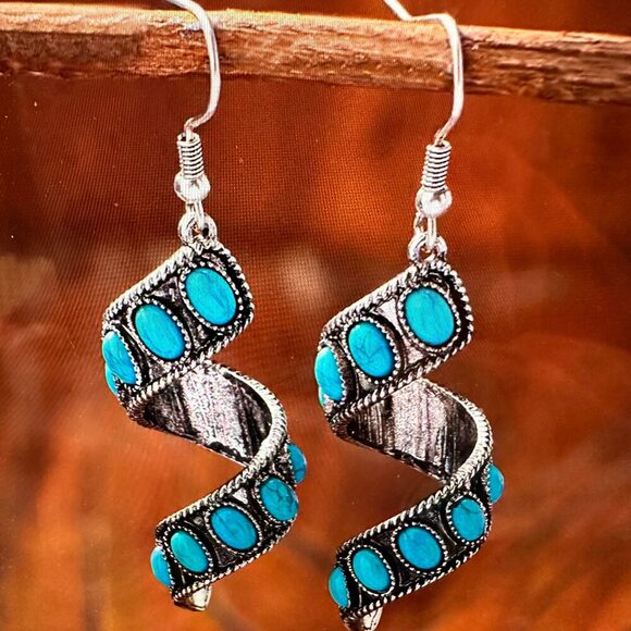 Boho Hippie Cowgirl Twirl Wire Drop Earrings, Turquoise Stone, Fast Shipping, G - Picture 2 of 6